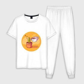 Мужская пижама хлопок с принтом Кофе и Кактус , 100% хлопок | брюки и футболка прямого кроя, без карманов, на брюках мягкая резинка на поясе и по низу штанин
 | Тематика изображения на принте: кактус | кофе | мило | спит