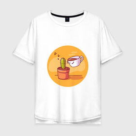 Мужская футболка хлопок Oversize с принтом Кофе и Кактус , 100% хлопок | свободный крой, круглый ворот, “спинка” длиннее передней части | Тематика изображения на принте: кактус | кофе | мило | спит