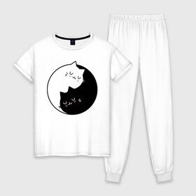 Женская пижама хлопок с принтом Yin and Yang cats , 100% хлопок | брюки и футболка прямого кроя, без карманов, на брюках мягкая резинка на поясе и по низу штанин | anime | cat | cats | kitten | love | philosophy | yang | yin | yoga | аниме | инь | йога | кот | котенок | котик | котики | коты | любовь | противоположность | сердце | философия | ян