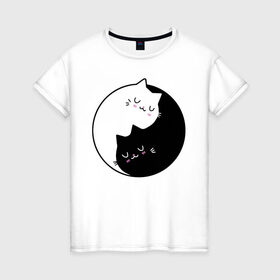 Женская футболка хлопок с принтом Yin and Yang cats , 100% хлопок | прямой крой, круглый вырез горловины, длина до линии бедер, слегка спущенное плечо | anime | cat | cats | kitten | love | philosophy | yang | yin | yoga | аниме | инь | йога | кот | котенок | котик | котики | коты | любовь | противоположность | сердце | философия | ян