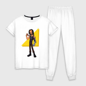 Женская пижама хлопок с принтом Джонни Сильверхенд , 100% хлопок | брюки и футболка прямого кроя, без карманов, на брюках мягкая резинка на поясе и по низу штанин | киану | киберпанк | ривз | сильверхэнд