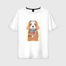 Женская футболка хлопок Oversize с принтом Собака с кофе , 100% хлопок | свободный крой, круглый ворот, спущенный рукав, длина до линии бедер
 | animal | coffee | dog | pet | животные | кофе | любовь | напиток | пёс | сердце | собака