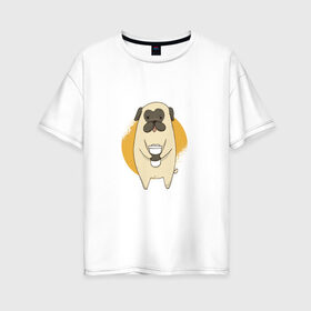 Женская футболка хлопок Oversize с принтом Мопс с кофе , 100% хлопок | свободный крой, круглый ворот, спущенный рукав, длина до линии бедер
 | animal | coffee | cute | drink | morning | pet | pug | животное | кофе | мопс | напиток | собака