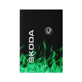 Обложка для паспорта матовая кожа с принтом SKODA , натуральная матовая кожа | размер 19,3 х 13,7 см; прозрачные пластиковые крепления | Тематика изображения на принте: auto | fire | green | logo | skoda | vag | авто | ваг | водителям | зеленый | логотип | машины | огонь | шкода