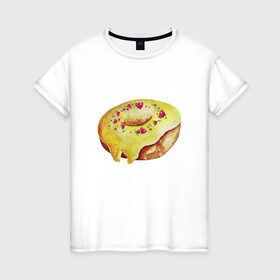 Женская футболка хлопок с принтом Пончитос , 100% хлопок | прямой крой, круглый вырез горловины, длина до линии бедер, слегка спущенное плечо | Тематика изображения на принте: глазурь | пончик | посыпка | сладости