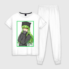 Женская пижама хлопок с принтом C.C. (Code Geass) , 100% хлопок | брюки и футболка прямого кроя, без карманов, на брюках мягкая резинка на поясе и по низу штанин | cc | девушка с зелеными волосами | кавай | код гиас | милая девушка | няшка
