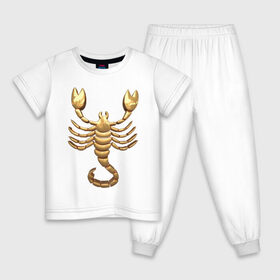 Детская пижама хлопок с принтом Скорпион , 100% хлопок |  брюки и футболка прямого кроя, без карманов, на брюках мягкая резинка на поясе и по низу штанин
 | Тематика изображения на принте: scorpio | zodiac signs | знаки зодиака | золотой рисунок | скорпион