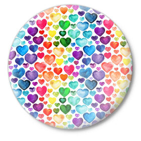 Значок с принтом Радужные сердечки ,  металл | круглая форма, металлическая застежка в виде булавки | 8 марта | love | девочки | женская | любовь | подружке | сердечки