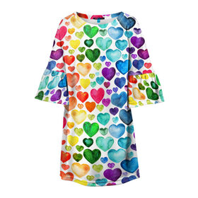 Детское платье 3D с принтом Радужные сердечки , 100% полиэстер | прямой силуэт, чуть расширенный к низу. Круглая горловина, на рукавах — воланы | Тематика изображения на принте: 8 марта | love | девочки | женская | любовь | подружке | сердечки