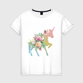 Женская футболка хлопок с принтом Единорог , 100% хлопок | прямой крой, круглый вырез горловины, длина до линии бедер, слегка спущенное плечо | fantasy | сказки | сказочные существа | цветы