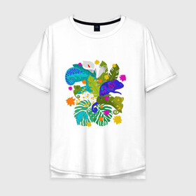 Мужская футболка хлопок Oversize с принтом Хамелеоны  , 100% хлопок | свободный крой, круглый ворот, “спинка” длиннее передней части | brightness. | chameleon | flowers | heat | leaves | summer | tropics | wildlife | дикая природа | жара | лето | листья | тропики | хамелеон | цветы | яркость