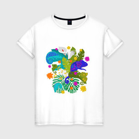 Женская футболка хлопок с принтом Хамелеоны  , 100% хлопок | прямой крой, круглый вырез горловины, длина до линии бедер, слегка спущенное плечо | brightness. | chameleon | flowers | heat | leaves | summer | tropics | wildlife | дикая природа | жара | лето | листья | тропики | хамелеон | цветы | яркость