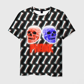 Мужская футболка 3D с принтом Phonk (ФОНК) Черепа , 100% полиэфир | прямой крой, круглый вырез горловины, длина до линии бедер | Тематика изображения на принте: phonk | кости | фонк | фонк рэп | черепа
