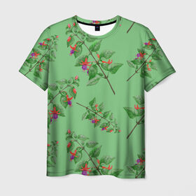 Мужская футболка 3D с принтом Фуксии на светло зеленом фоне , 100% полиэфир | прямой крой, круглый вырез горловины, длина до линии бедер | 8 марта | flowers | summer | ботаническая иллюстрация | весна | зеленый | красный | лето | любовь | праздник | принт | природа | растения | фиолетовый | фуксия | цветы