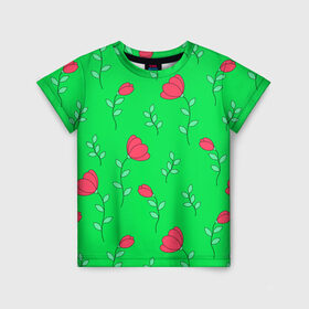 Детская футболка 3D с принтом Тюльпаны на салатовом фоне , 100% гипоаллергенный полиэфир | прямой крой, круглый вырез горловины, длина до линии бедер, чуть спущенное плечо, ткань немного тянется | 8 марта | flowers | summer | ботаническая иллюстрация | весна | зеленый | красный | лето | листья | любовь | праздник | принт | природа | растения | салатовый | тюльпаны | цветы