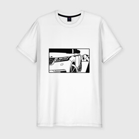 Мужская футболка хлопок Slim с принтом Range Rover Evoque Черно-белый , 92% хлопок, 8% лайкра | приталенный силуэт, круглый вырез ворота, длина до линии бедра, короткий рукав | Тематика изображения на принте: range rover evoque | горы | дорога | иллюстрация | колеса | машина | фары | черно белый