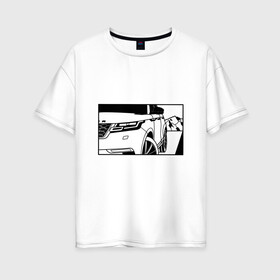 Женская футболка хлопок Oversize с принтом Range Rover Evoque Черно-белый , 100% хлопок | свободный крой, круглый ворот, спущенный рукав, длина до линии бедер
 | range rover evoque | горы | дорога | иллюстрация | колеса | машина | фары | черно белый