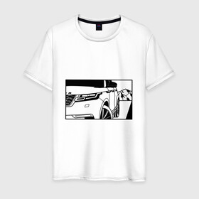 Мужская футболка хлопок с принтом Range Rover Evoque Черно-белый , 100% хлопок | прямой крой, круглый вырез горловины, длина до линии бедер, слегка спущенное плечо. | range rover evoque | горы | дорога | иллюстрация | колеса | машина | фары | черно белый