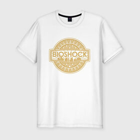 Мужская футболка хлопок Slim с принтом Bioshock Golden Logo , 92% хлопок, 8% лайкра | приталенный силуэт, круглый вырез ворота, длина до линии бедра, короткий рукав | bioshock infinite | little sister | биошок | большой папочка | винтаж | ретро | сестра