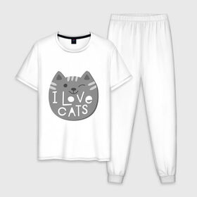 Мужская пижама хлопок с принтом I love cats , 100% хлопок | брюки и футболка прямого кроя, без карманов, на брюках мягкая резинка на поясе и по низу штанин
 | animal | cat | i love cats | животное | зверь | кот | кошка | надписи | я люблю кошек