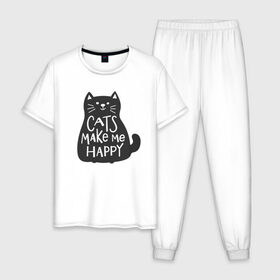 Мужская пижама хлопок с принтом Cat make me happy , 100% хлопок | брюки и футболка прямого кроя, без карманов, на брюках мягкая резинка на поясе и по низу штанин
 | animal | cat | cat make me happy | животное | зверь | кот | кот делает меня счастливым | кошка | надписи