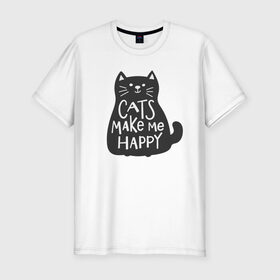 Мужская футболка хлопок Slim с принтом Cat make me happy , 92% хлопок, 8% лайкра | приталенный силуэт, круглый вырез ворота, длина до линии бедра, короткий рукав | Тематика изображения на принте: animal | cat | cat make me happy | животное | зверь | кот | кот делает меня счастливым | кошка | надписи