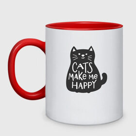 Кружка двухцветная с принтом Cat make me happy , керамика | объем — 330 мл, диаметр — 80 мм. Цветная ручка и кайма сверху, в некоторых цветах — вся внутренняя часть | animal | cat | cat make me happy | животное | зверь | кот | кот делает меня счастливым | кошка | надписи