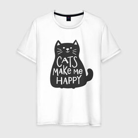 Мужская футболка хлопок с принтом Cat make me happy , 100% хлопок | прямой крой, круглый вырез горловины, длина до линии бедер, слегка спущенное плечо. | Тематика изображения на принте: animal | cat | cat make me happy | животное | зверь | кот | кот делает меня счастливым | кошка | надписи