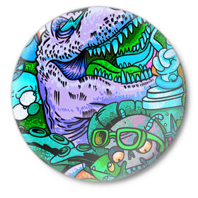 Значок с принтом Рекс динозавр ,  металл | круглая форма, металлическая застежка в виде булавки | динозавры | инопланетянин | космос | монстры | существа | тираннозавр