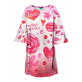 Детское платье 3D с принтом Самая любимая , 100% полиэстер | прямой силуэт, чуть расширенный к низу. Круглая горловина, на рукавах — воланы | кружки | любимая | макарон | макароны | макарун | пион | пионы | роза | розовое | розовый | розы | самая | сердечки | сердечко | сердца | сердце