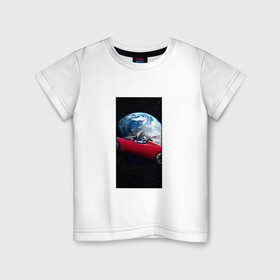 Детская футболка хлопок с принтом Тесла в космосе , 100% хлопок | круглый вырез горловины, полуприлегающий силуэт, длина до линии бедер | звезды | земля | космонавт | космос | красный | машина | облака | тесла