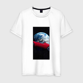 Мужская футболка хлопок с принтом Тесла в космосе , 100% хлопок | прямой крой, круглый вырез горловины, длина до линии бедер, слегка спущенное плечо. | Тематика изображения на принте: звезды | земля | космонавт | космос | красный | машина | облака | тесла