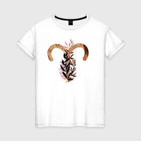 Женская футболка хлопок с принтом Овен , 100% хлопок | прямой крой, круглый вырез горловины, длина до линии бедер, слегка спущенное плечо | астрология | знаки зодиака | зодиак | золото | созвездие | цикл