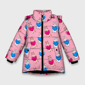 Зимняя куртка для девочек 3D с принтом Love Bunny , ткань верха — 100% полиэстер; подклад — 100% полиэстер, утеплитель — 100% полиэстер. | длина ниже бедра, удлиненная спинка, воротник стойка и отстегивающийся капюшон. Есть боковые карманы с листочкой на кнопках, утяжки по низу изделия и внутренний карман на молнии. 

Предусмотрены светоотражающий принт на спинке, радужный светоотражающий элемент на пуллере молнии и на резинке для утяжки. | 14 февраля | baby | bunny | kawaii | love | love is | love you | rabbit | валентинка | влюбленные | девушка | жена | животные | зайчики | заяц | игрушка | кавайный | кролик | лучшая | любимая | люблю | любовь | малыш | подарок