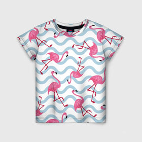 Детская футболка 3D с принтом Фламинго | Волны , 100% гипоаллергенный полиэфир | прямой крой, круглый вырез горловины, длина до линии бедер, чуть спущенное плечо, ткань немного тянется | birds | drawing | fashion | feathers | flamingo | graphics | illustration | pink | stand | style | wings | youth | графика | иллюстрация | картинка | клюв | красивые | крылья | мода | молодежная | перья | птицы | рисунок | розовый | стиль | стоят