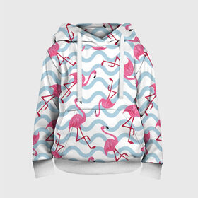 Детская толстовка 3D с принтом Фламинго | Волны , 100% полиэстер | двухслойный капюшон со шнурком для регулировки, мягкие манжеты на рукавах и по низу толстовки, спереди карман-кенгуру с мягким внутренним слоем | Тематика изображения на принте: birds | drawing | fashion | feathers | flamingo | graphics | illustration | pink | stand | style | wings | youth | графика | иллюстрация | картинка | клюв | красивые | крылья | мода | молодежная | перья | птицы | рисунок | розовый | стиль | стоят