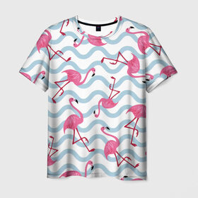 Мужская футболка 3D с принтом Фламинго | Волны , 100% полиэфир | прямой крой, круглый вырез горловины, длина до линии бедер | birds | drawing | fashion | feathers | flamingo | graphics | illustration | pink | stand | style | wings | youth | графика | иллюстрация | картинка | клюв | красивые | крылья | мода | молодежная | перья | птицы | рисунок | розовый | стиль | стоят