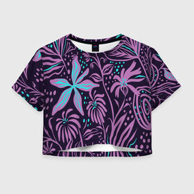 Женская футболка Crop-top 3D с принтом Дивные цветы , 100% полиэстер | круглая горловина, длина футболки до линии талии, рукава с отворотами | retro | аниме | мозайка | неон | русь | славяне | текстуры | узор | хохлома | цветы | эстетика
