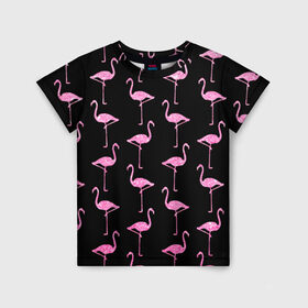 Детская футболка 3D с принтом Фламинго | Чёрная , 100% гипоаллергенный полиэфир | прямой крой, круглый вырез горловины, длина до линии бедер, чуть спущенное плечо, ткань немного тянется | Тематика изображения на принте: birds | drawing | fashion | feathers | flamingo | graphics | illustration | pink | stand | style | wings | youth | графика | иллюстрация | картинка | клюв | красивые | крылья | мода | молодежная | перья | птицы | рисунок | розовый | стиль | стоят