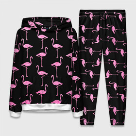 Женский костюм 3D (с толстовкой) с принтом Фламинго | Чёрная ,  |  | birds | drawing | fashion | feathers | flamingo | graphics | illustration | pink | stand | style | wings | youth | графика | иллюстрация | картинка | клюв | красивые | крылья | мода | молодежная | перья | птицы | рисунок | розовый | стиль | стоят