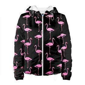 Женская куртка 3D с принтом Фламинго | Чёрная , ткань верха — 100% полиэстер, подклад — флис | прямой крой, подол и капюшон оформлены резинкой с фиксаторами, два кармана без застежек по бокам, один большой потайной карман на груди. Карман на груди застегивается на липучку | birds | drawing | fashion | feathers | flamingo | graphics | illustration | pink | stand | style | wings | youth | графика | иллюстрация | картинка | клюв | красивые | крылья | мода | молодежная | перья | птицы | рисунок | розовый | стиль | стоят