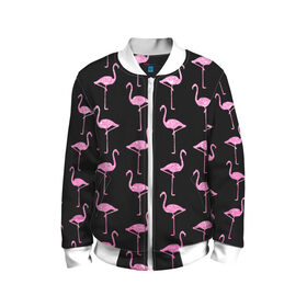 Детский бомбер 3D с принтом Фламинго | Чёрная , 100% полиэстер | застегивается на молнию, по бокам два кармана без застежек, мягкие манжеты, по низу бомбера и на воротнике — эластичная резинка | birds | drawing | fashion | feathers | flamingo | graphics | illustration | pink | stand | style | wings | youth | графика | иллюстрация | картинка | клюв | красивые | крылья | мода | молодежная | перья | птицы | рисунок | розовый | стиль | стоят