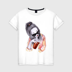 Женская футболка хлопок с принтом Девушка , 100% хлопок | прямой крой, круглый вырез горловины, длина до линии бедер, слегка спущенное плечо | жить в кайф | иллюстрация | кофейня | очки