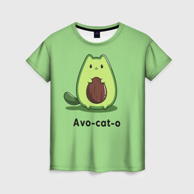 Женская футболка 3D с принтом Avo - cat - o , 100% полиэфир ( синтетическое хлопкоподобное полотно) | прямой крой, круглый вырез горловины, длина до линии бедер | animal | avo   cat   o | cat | авокадо | еда | животное | зверь | кот | кошка | надписи