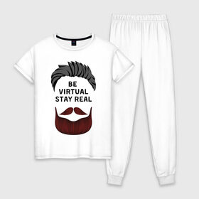 Женская пижама хлопок с принтом beard-4 , 100% хлопок | брюки и футболка прямого кроя, без карманов, на брюках мягкая резинка на поясе и по низу штанин | be virtual stay real | борода | лицо | прическа | текст | философия