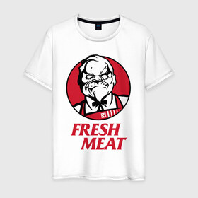Мужская футболка хлопок с принтом Pudge Dota Fresh Meat Пудж , 100% хлопок | прямой крой, круглый вырез горловины, длина до линии бедер, слегка спущенное плечо. | dota | dota2 | fresh meat | kfc | pudge | red | дота | дота2 | красный | кфс | падж | паджерс | паджик | пудж | свежее мясо | хук