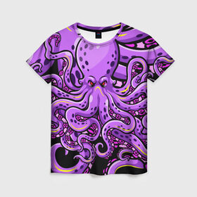 Женская футболка 3D с принтом Кровожадный осьминог , 100% полиэфир ( синтетическое хлопкоподобное полотно) | прямой крой, круглый вырез горловины, длина до линии бедер | art | octopus | арт | глаза | голова | животные | красные | монстр | осьминог | щупальца