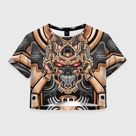 Женская футболка Crop-top 3D с принтом CyberSkull , 100% полиэстер | круглая горловина, длина футболки до линии талии, рукава с отворотами | cyberpunk | evil | head | mask | mechanical | rage | robot | skull | арт | гнев | голова | демон | дьявол | злой | киберпанк | маска | механический | монстр | робот | рога | самурай | череп