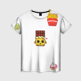 Женская футболка 3D с принтом Милая еда , 100% полиэфир ( синтетическое хлопкоподобное полотно) | прямой крой, круглый вырез горловины, длина до линии бедер | авокадо | еда | единорог | картошка | милашки | шоколадка