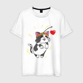 Мужская футболка хлопок с принтом Котик (День Святого Валентина) , 100% хлопок | прямой крой, круглый вырез горловины, длина до линии бедер, слегка спущенное плечо. | angel | cat | cats | day | heart | love | romantic | valentine | valentines | амур | ангел | валентина | влюбленные | влюбленных | всех | день | кот | котик | кошка | купидон | любовь | романтика | романтичность | святого | сердечки | се